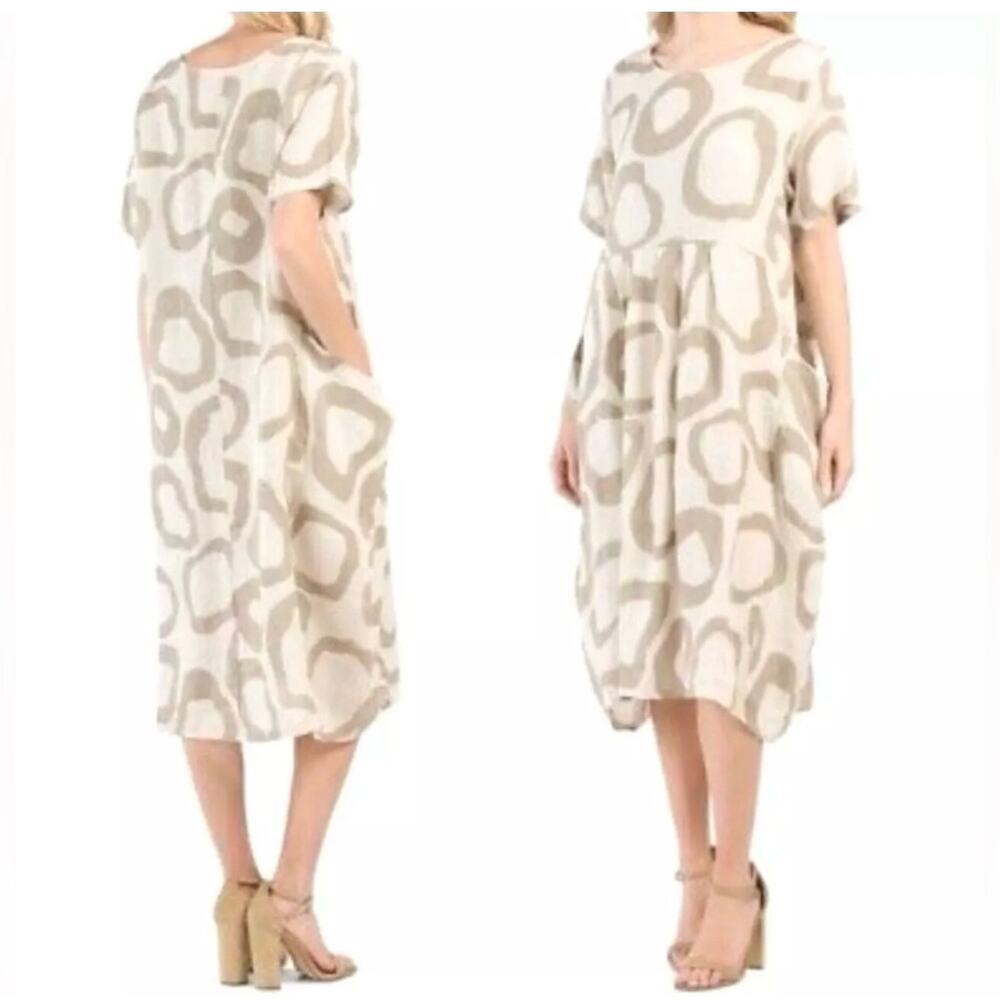 KLASIKS Dress Small Italian 100% Linen Oversized Overlay Pockets Midi Lagan Flax